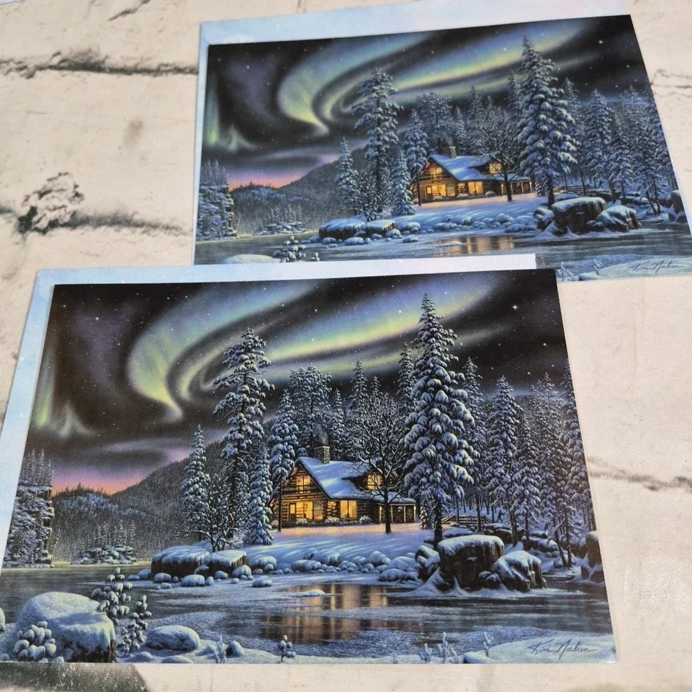 Leanin Tree Christmas Cards Snowy Forest Cabin Northern Lights Lot Of 6